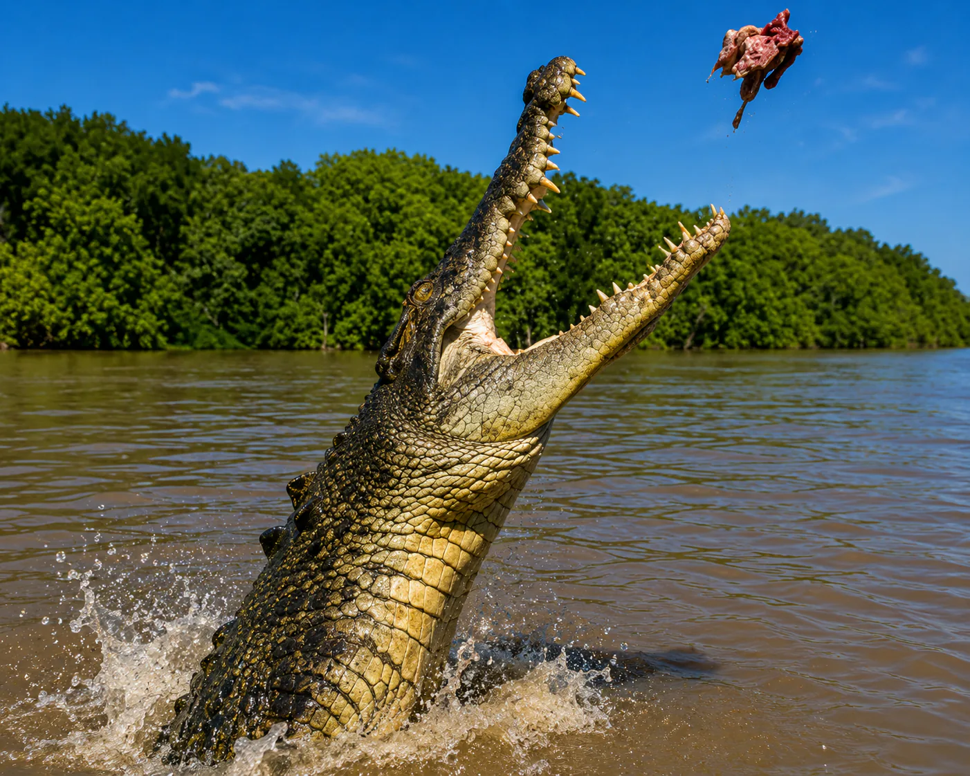 Crocodile leaping from a river toward food